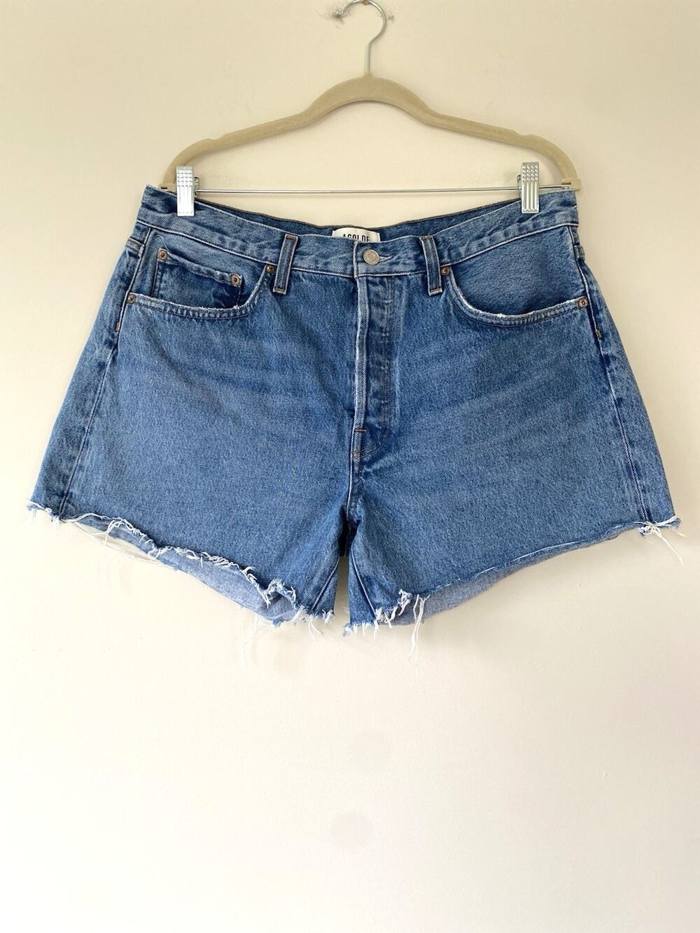 AGOLDE Size 31 Parker Long Cut Off Shorts Button Fly Blue High Rise Raw Hem